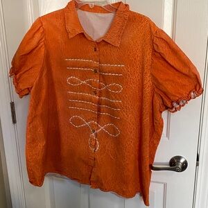 Orange Embroidered Button-Front Women’s Top Western themed.